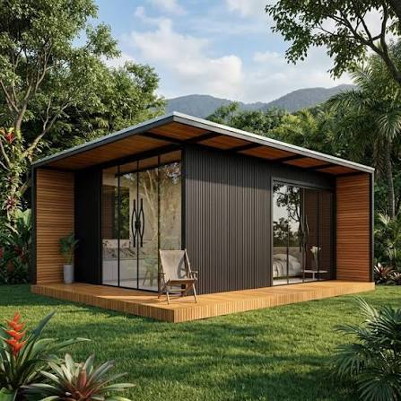 Casa modular compacta com revestimento escuro, varanda de madeira e grandes aberturas de vidro.
