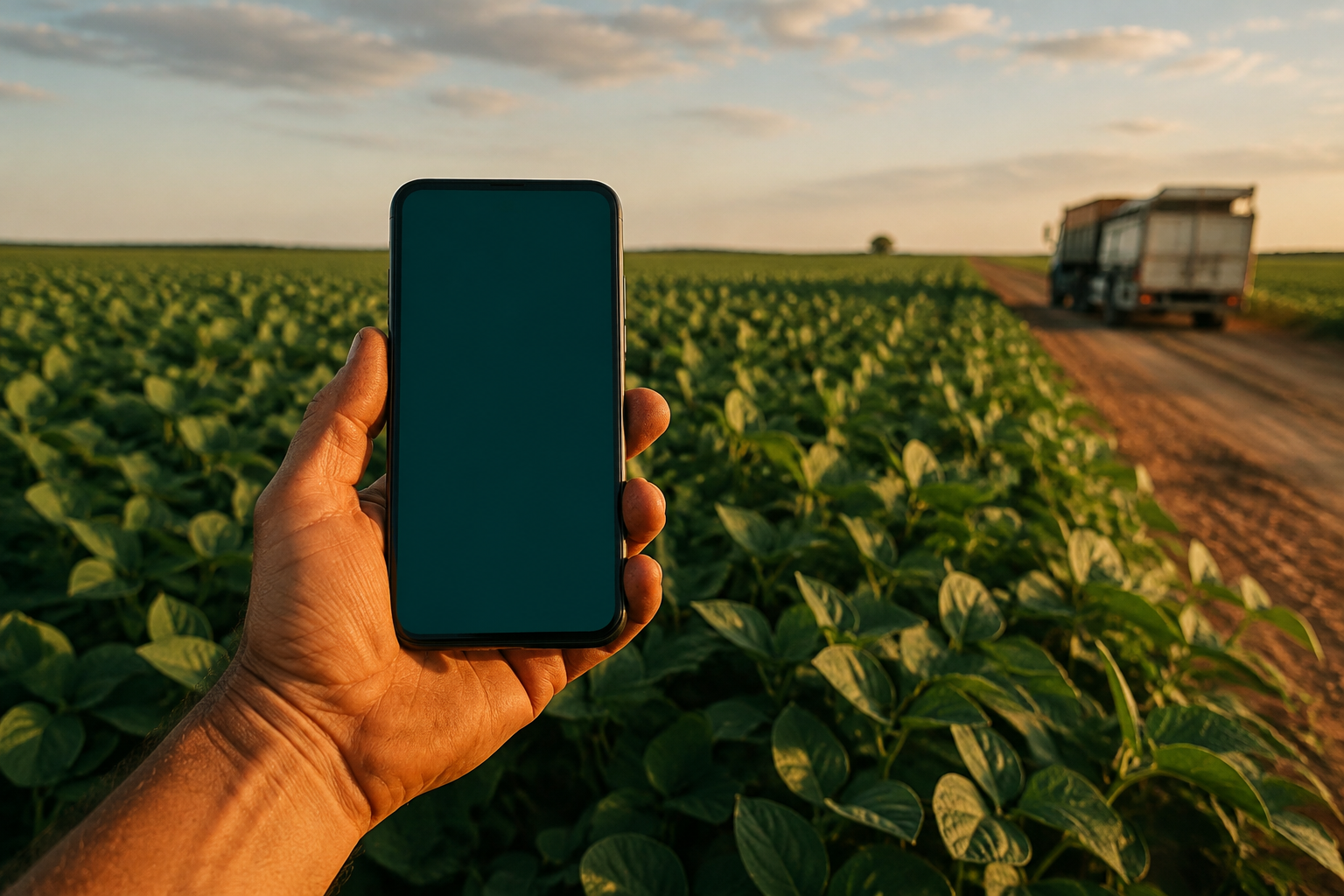 Mão segurando um celular no campo, com caminhão ao fundo