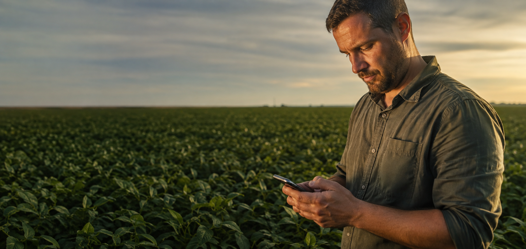 Produtor rural consultando o celular em uma lavoura de soja