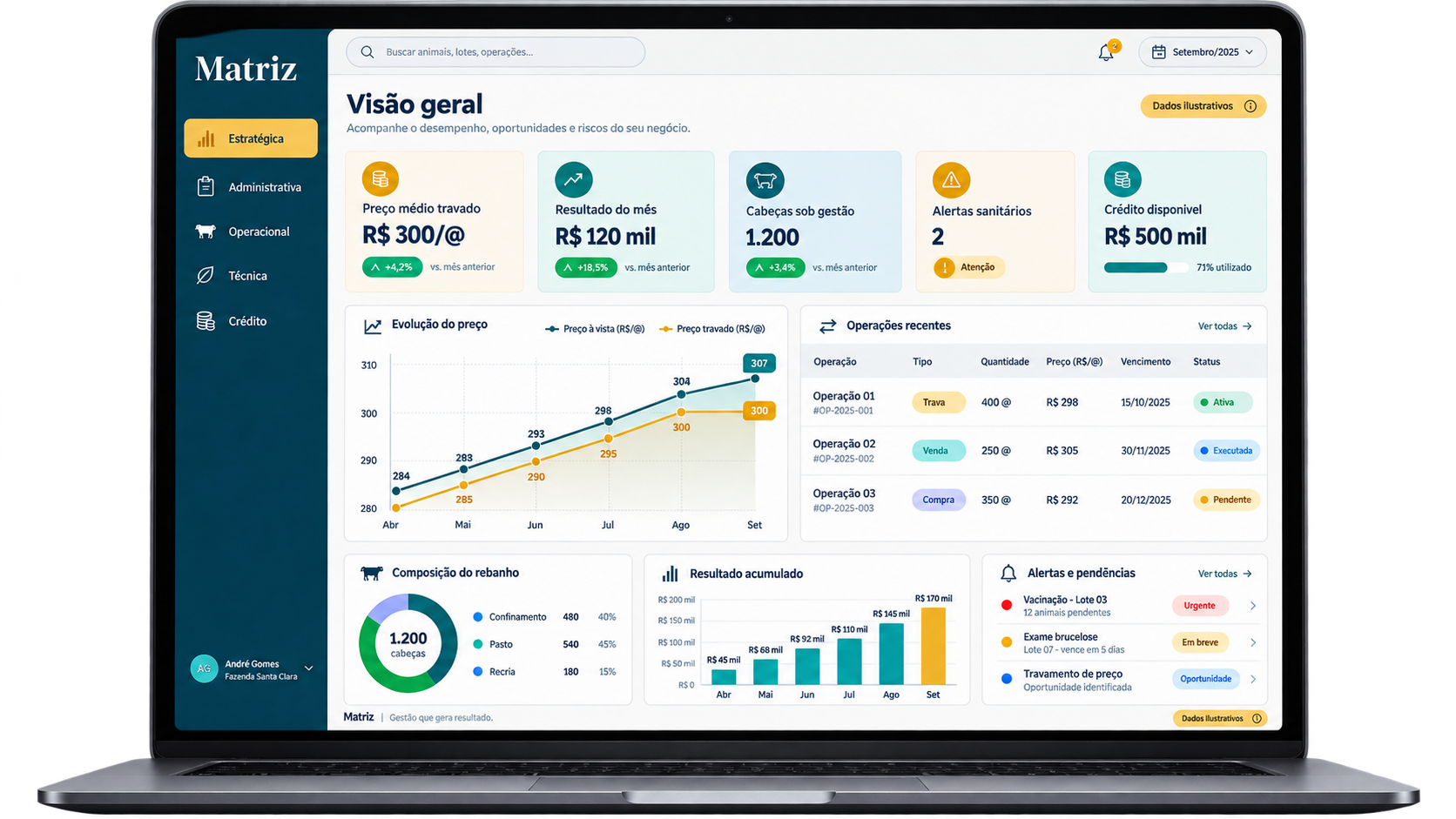 Notebook com a visão geral da Matriz e as cinco gestões: Estratégica, Administrativa, Operacional, Técnica e Crédito. Indicadores e registros com dados fictícios ilustrativos.